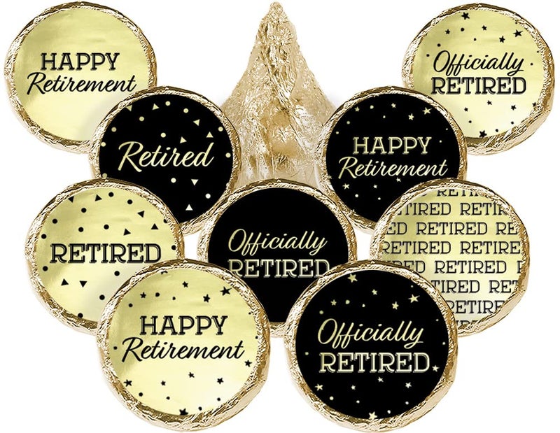 DISTINCTIVS Black and Gold Retirement Party Favor Stickers â€“ 180 Count, Chocolate Kisses Candy Stickers â€“ Shiny Gold Retirement Party Favors for Guests - Image 1